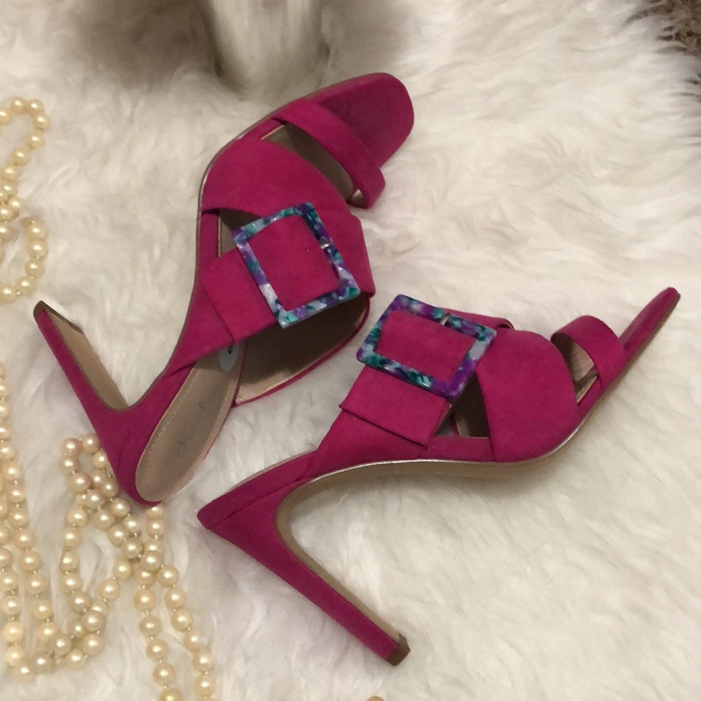 CHARLES DAVID • Gorgeous Pink Open Toe Pumps with Colorful Buckle Detail Accent - Picture 6 of 13